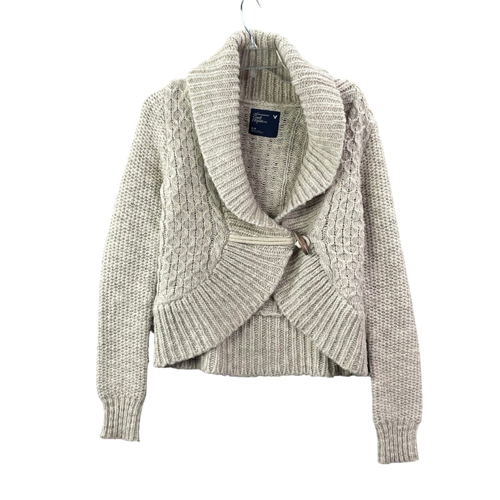 American Eagle Cardigan Women Medium Beige Cable Knit Wool Alpaca Toggle Sweater